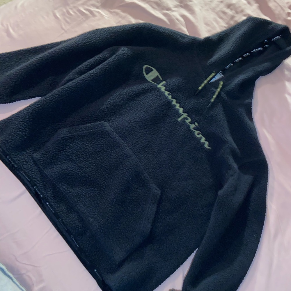 sherpa black and green champion hoodie, size large